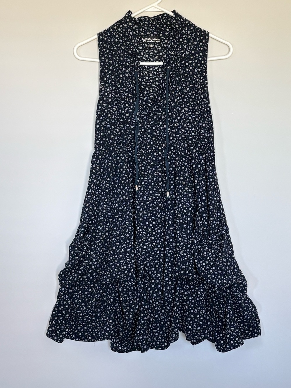 Papillon Navy Blue Ditsy Floral Tiered Babydoll Dress Ruffle Neck Medium Boho